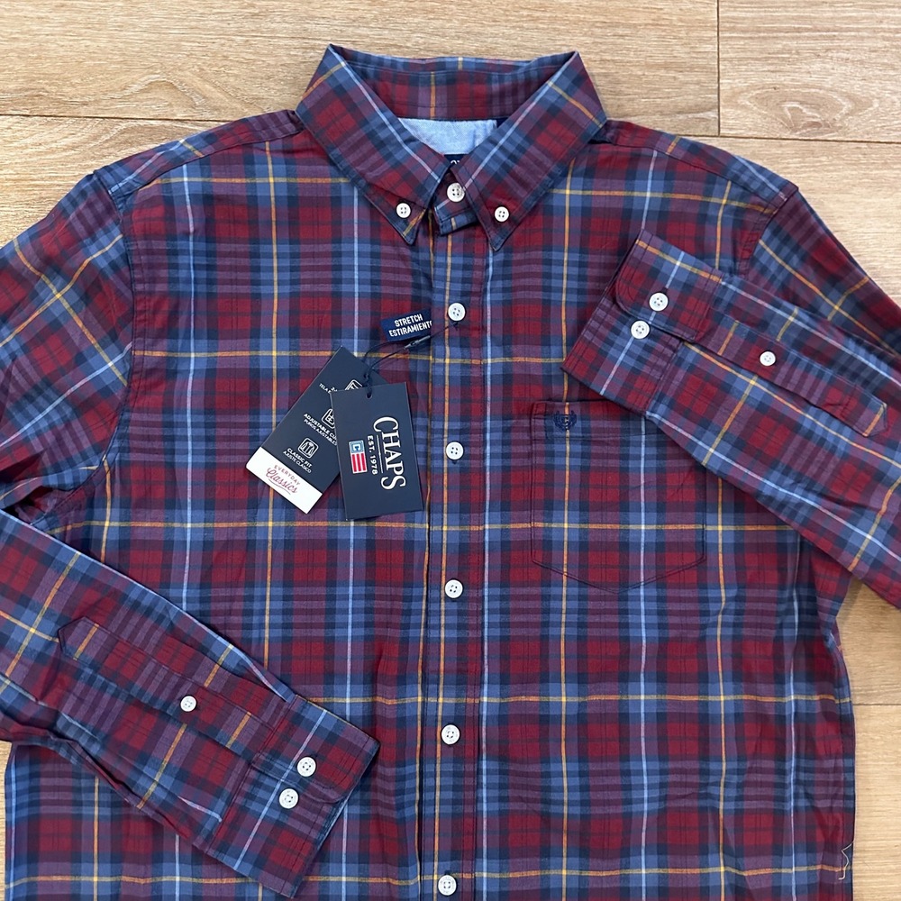 Chaps Mens Stretch Plaid Button Down Shirt Red Blue Classic Fit Medium NWT